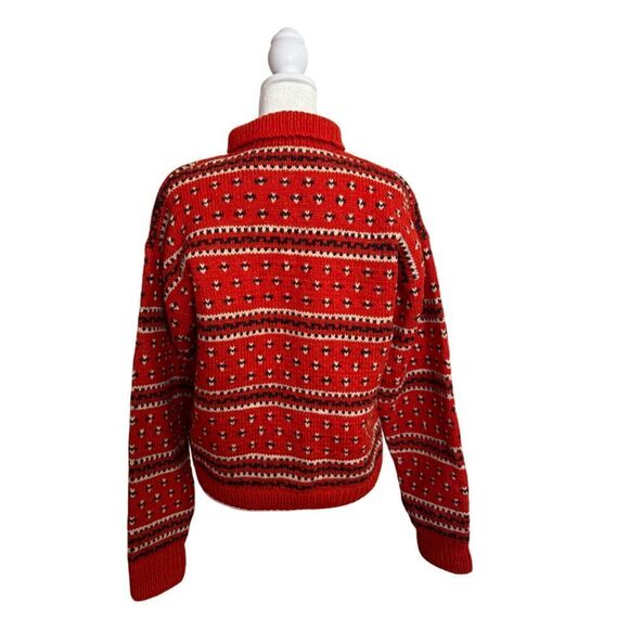 Red Fair Isle Thick Handknit Turtle Neck Vintage 70's Sweater l Size M - Picture 4 of 5